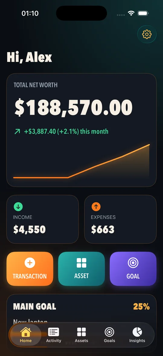 Gransio home screen showing total net worth